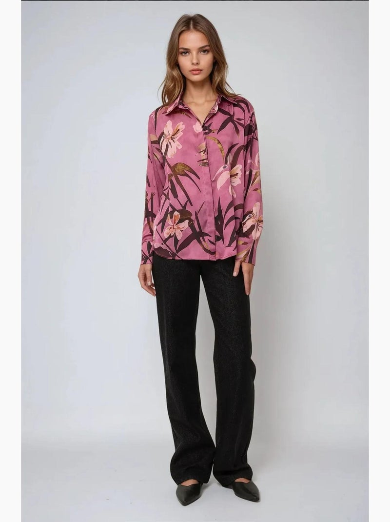 Camicia a maniche lunghe stampata in raso hiccup Rosa - Kiabi
