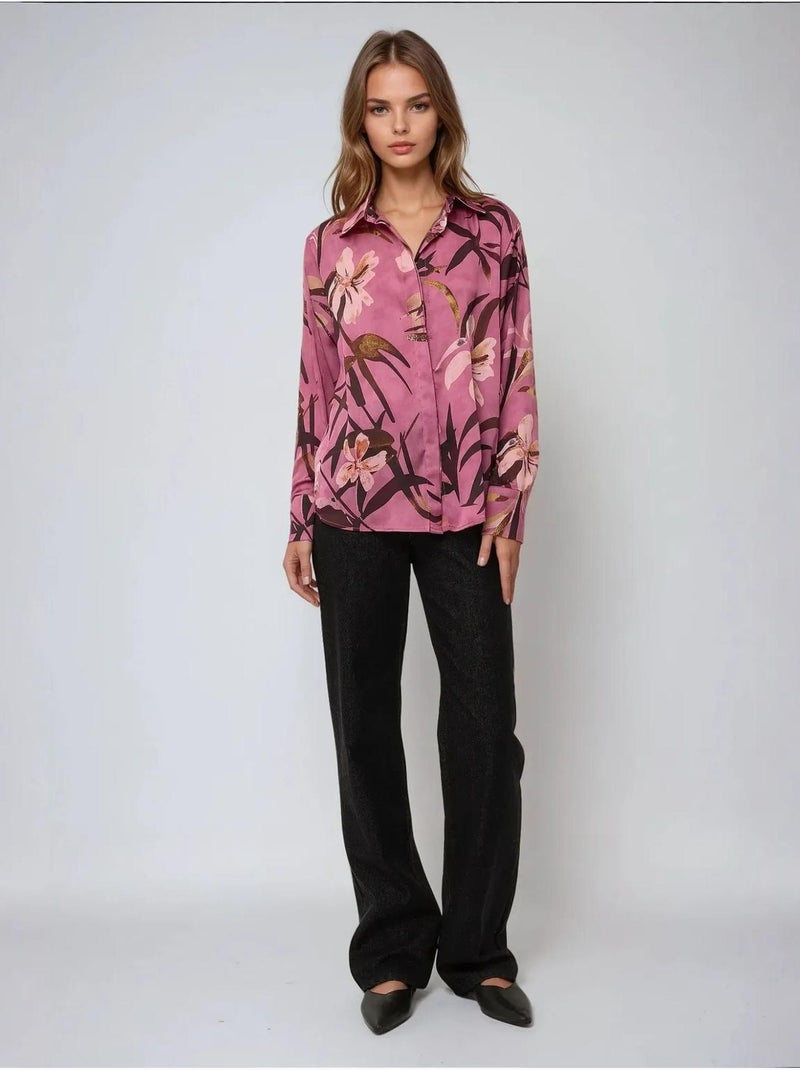 Camicia a maniche lunghe stampata in raso Rosa - Kiabi