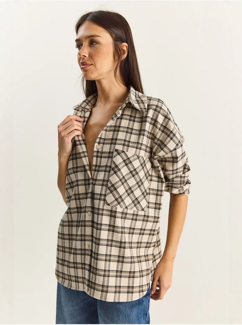 Camicia a quadri oversize a maniche lunghe con tasca lucci Beige argilla - Kiabi