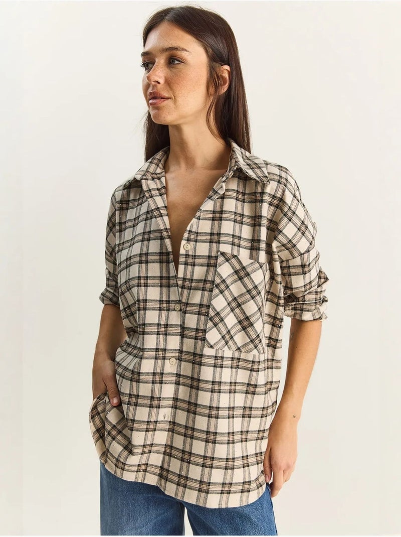 Camicia a quadri oversize a maniche lunghe con tasca lucci Beige argilla - Kiabi