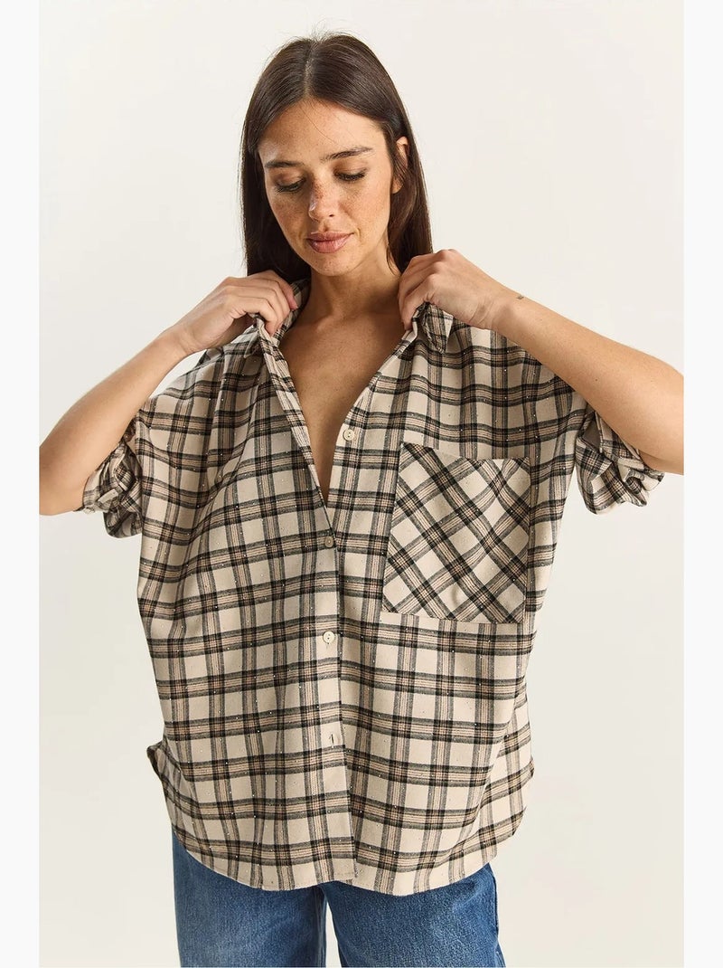 Camicia a quadri oversize a maniche lunghe con tasca lucci Beige argilla - Kiabi