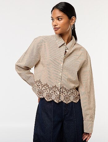 Camicia a righe a maniche lunghe con ricami