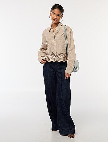 Camicia a righe a maniche lunghe con ricami