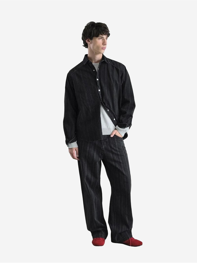 Camicia a righe con bottoni a pressione e maniche lunghe giesto Nero - Kiabi