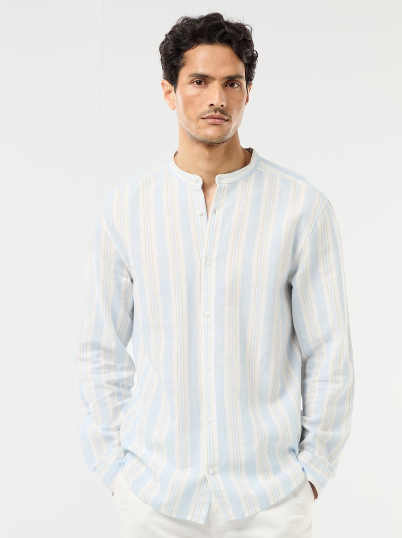 Camicia a righe con collo alla coreana e maniche arrotolabili Blu - Kiabi