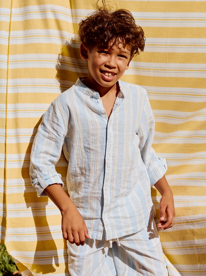Camicia a righe con collo alla coreana in lino e cotone Blu - Kiabi