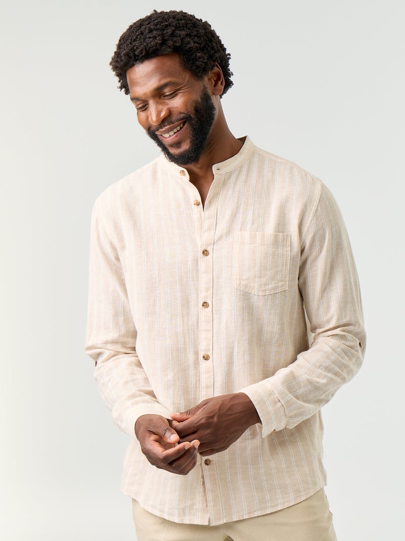 Camicia a righe con maniche lunghe arrotolabili Beige - Kiabi