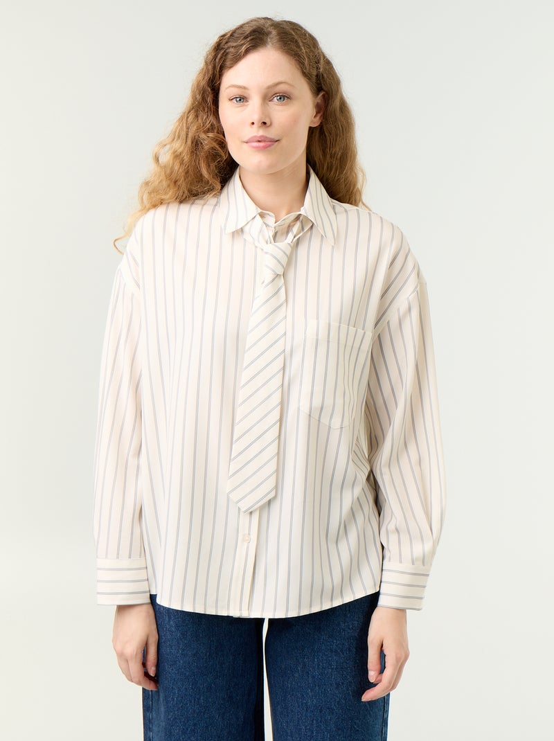 Camicia a righe con taschino sul petto + cravatta coordinata - 2 pezzi Beige - Kiabi