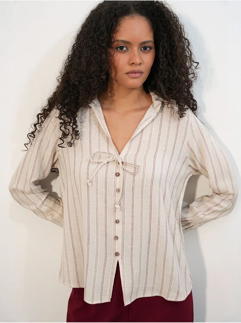 Camicia a righe in misto lino con dettaglio a laccetto bdart Beige naturale - Kiabi