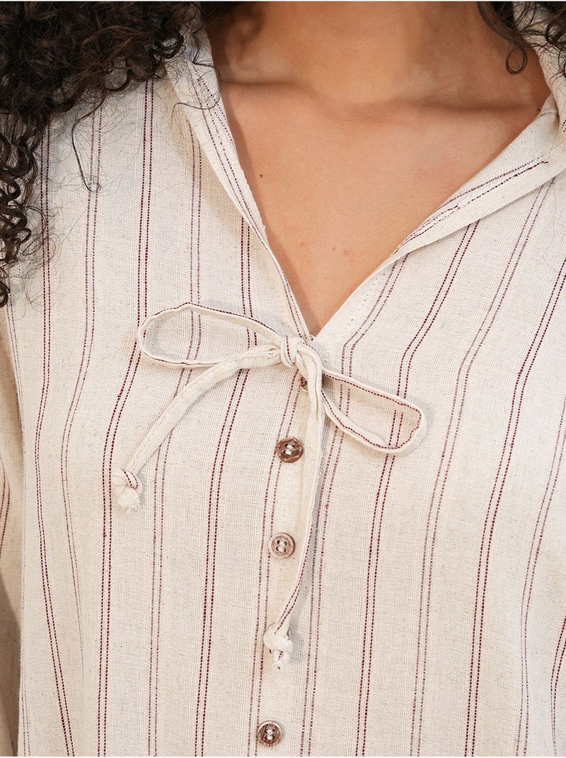 Camicia a righe in misto lino con dettaglio a laccetto bdart Beige naturale - Kiabi