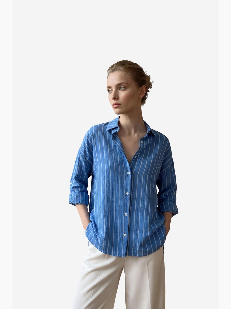 Camicia a righe in popeline con bottoni my fashion Blu zaffiro - Kiabi
