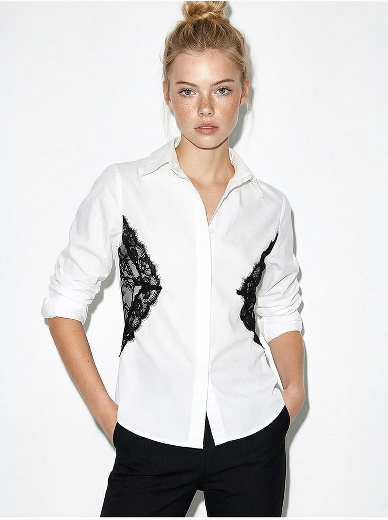 Camicia abbottonata con dettagli in pizzo lucci Bianco - Kiabi