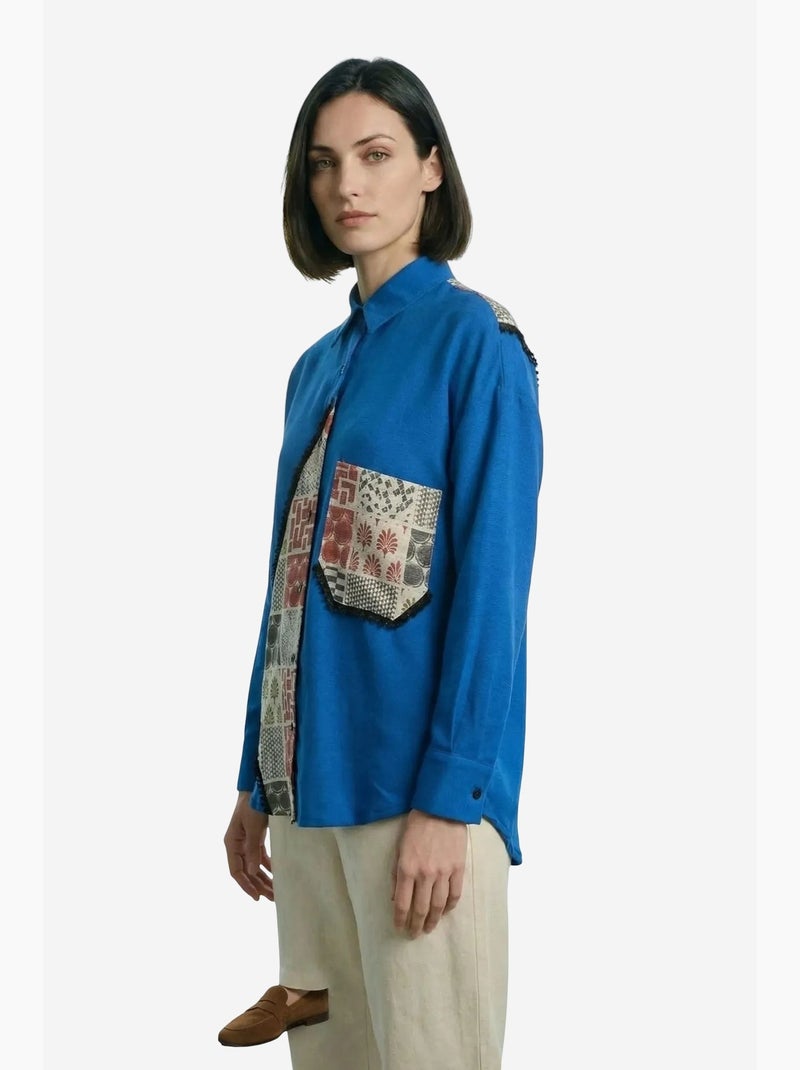 Camicia abbottonata in misto lino con stampa geometrica my fashion Blu cobalto - Kiabi