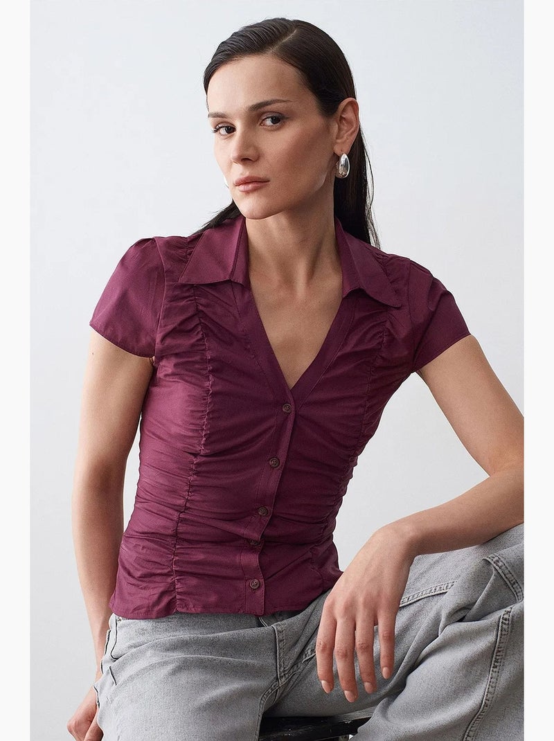 Camicia aderente in popeline di cotone con bottoni dilvin Rosso bordeaux - Kiabi