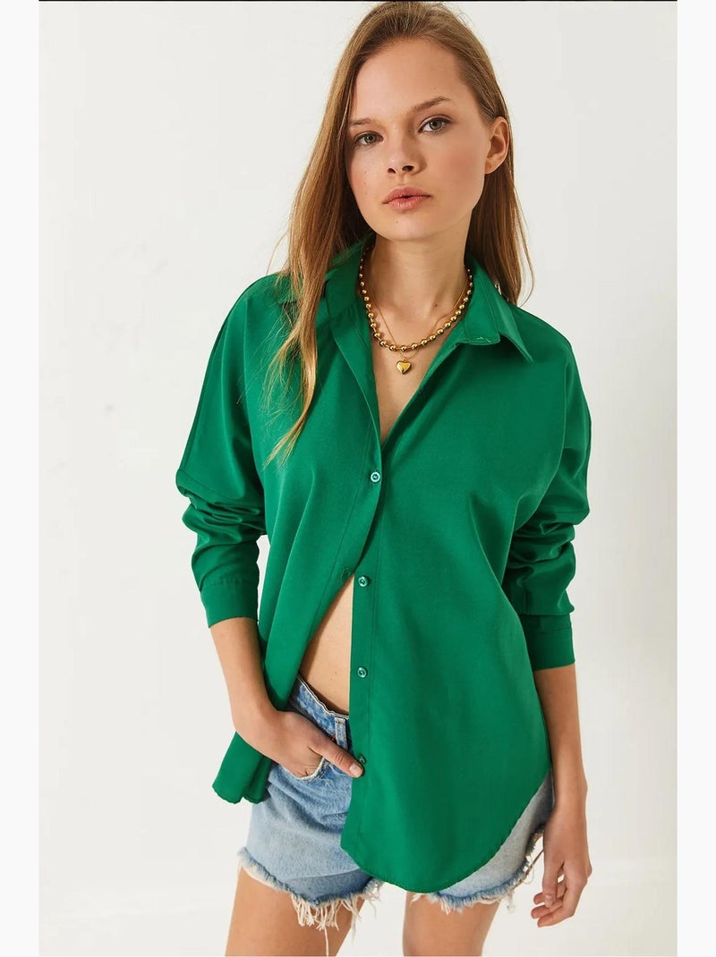 Camicia basic a maniche lunghe con chiusura a bottoni lucci Verde smeraldo - Kiabi
