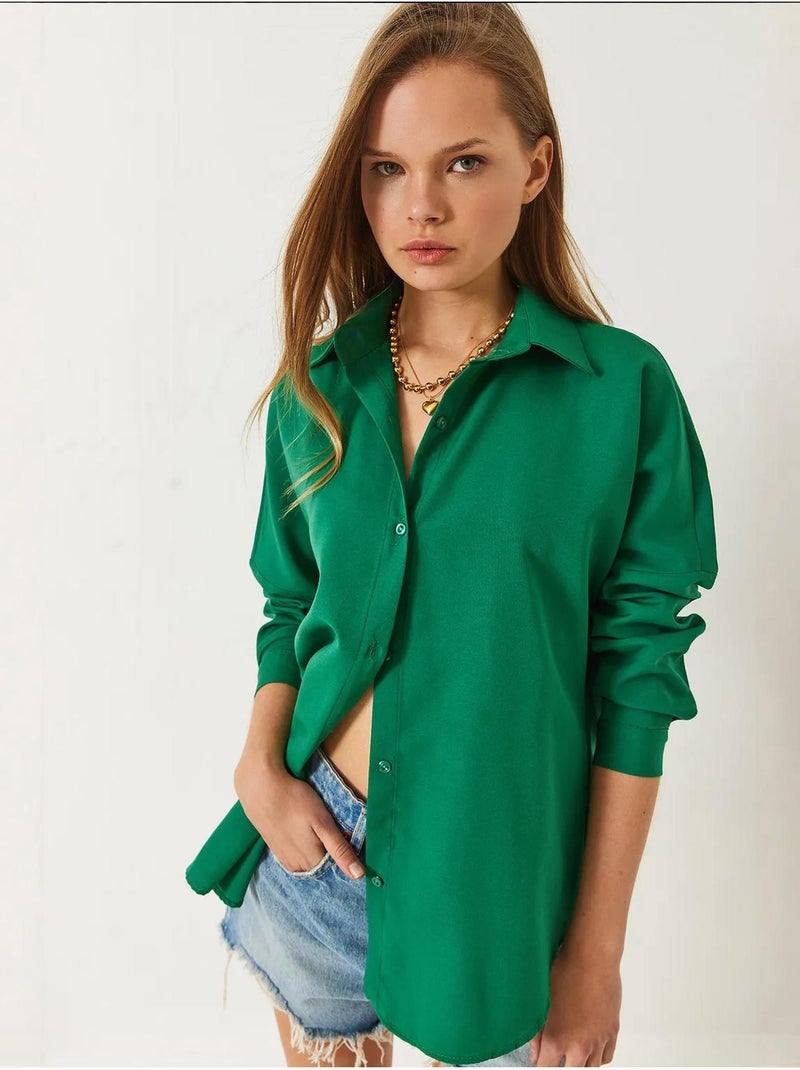 Camicia basic a maniche lunghe con chiusura a bottoni lucci Verde smeraldo - Kiabi