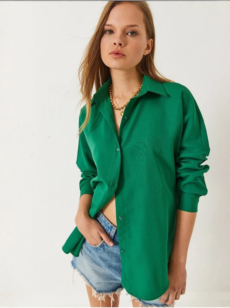 Camicia basic a maniche lunghe con chiusura a bottoni lucci Verde smeraldo - Kiabi