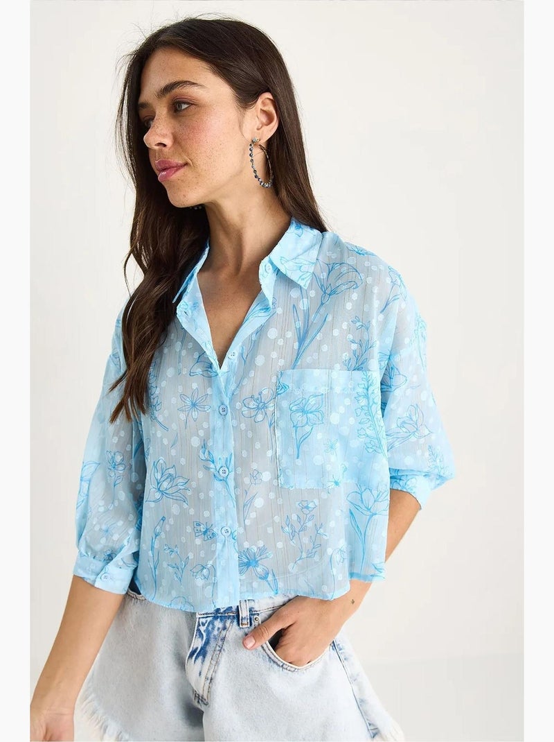 Camicia button-up in jacquard floreale a maniche corte con tasca lucci Blu cielo - Kiabi