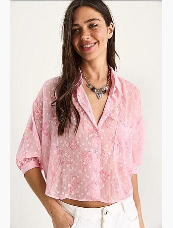 Camicia button-up in jacquard floreale a maniche corte con tasca lucci