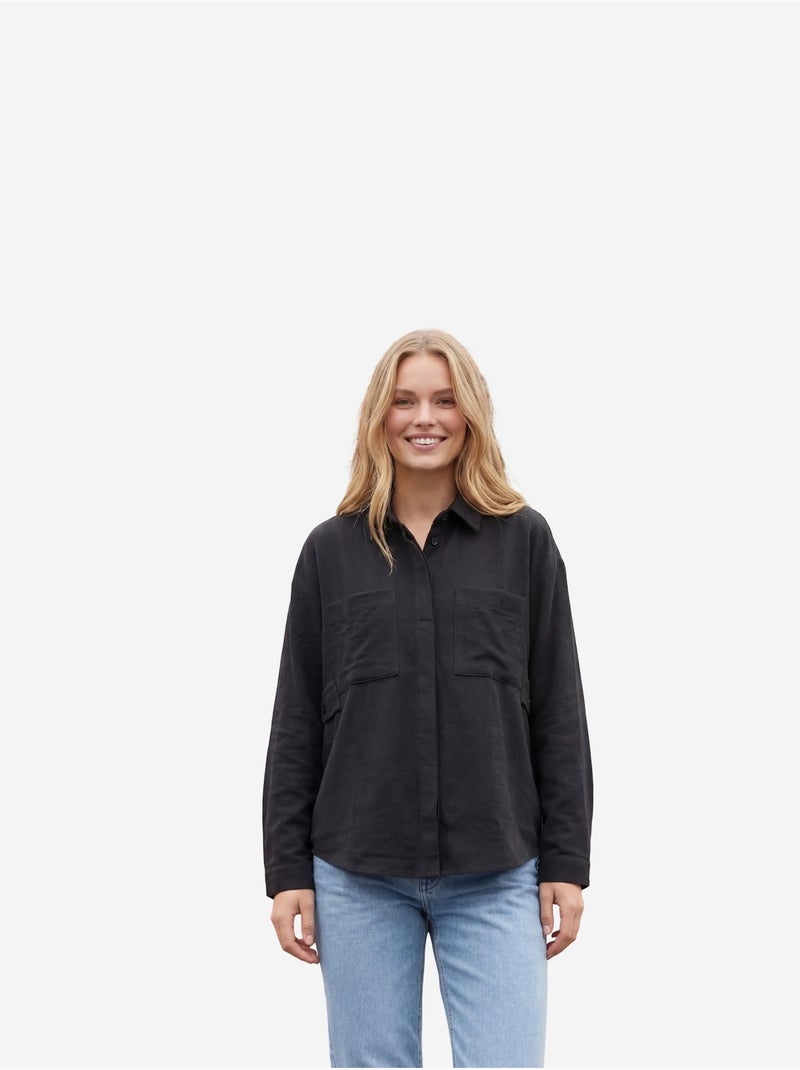 Camicia casual abbottonata in misto lino con taschino my fashion Nero - Kiabi
