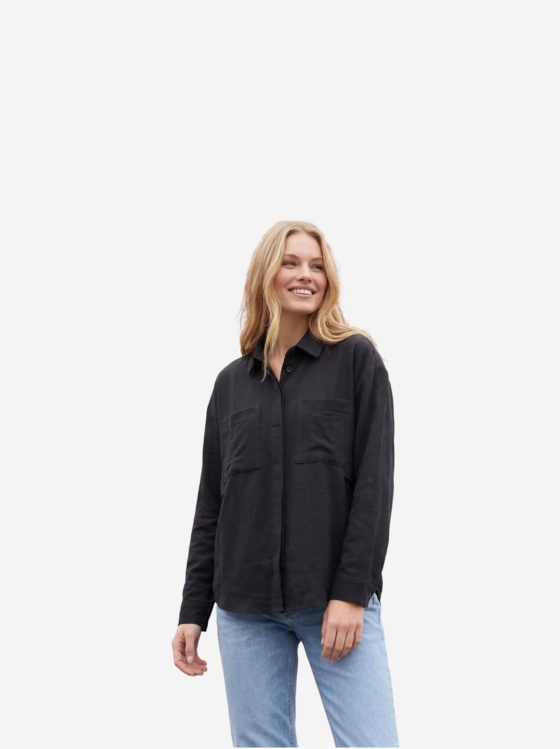 Camicia casual abbottonata in misto lino con taschino my fashion Nero - Kiabi