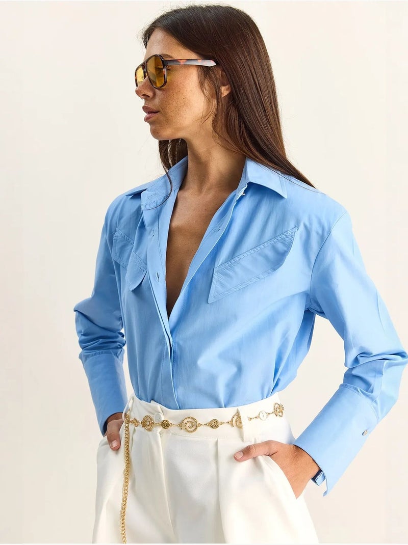 Camicia casual in popeline a maniche lunghe con bottoni e taschino lucci Blu chiaro - Kiabi