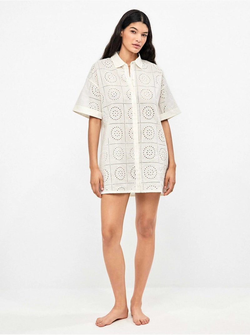 Camicia con bottoni e dettagli traforati 100% cotone Ecru - Kiabi