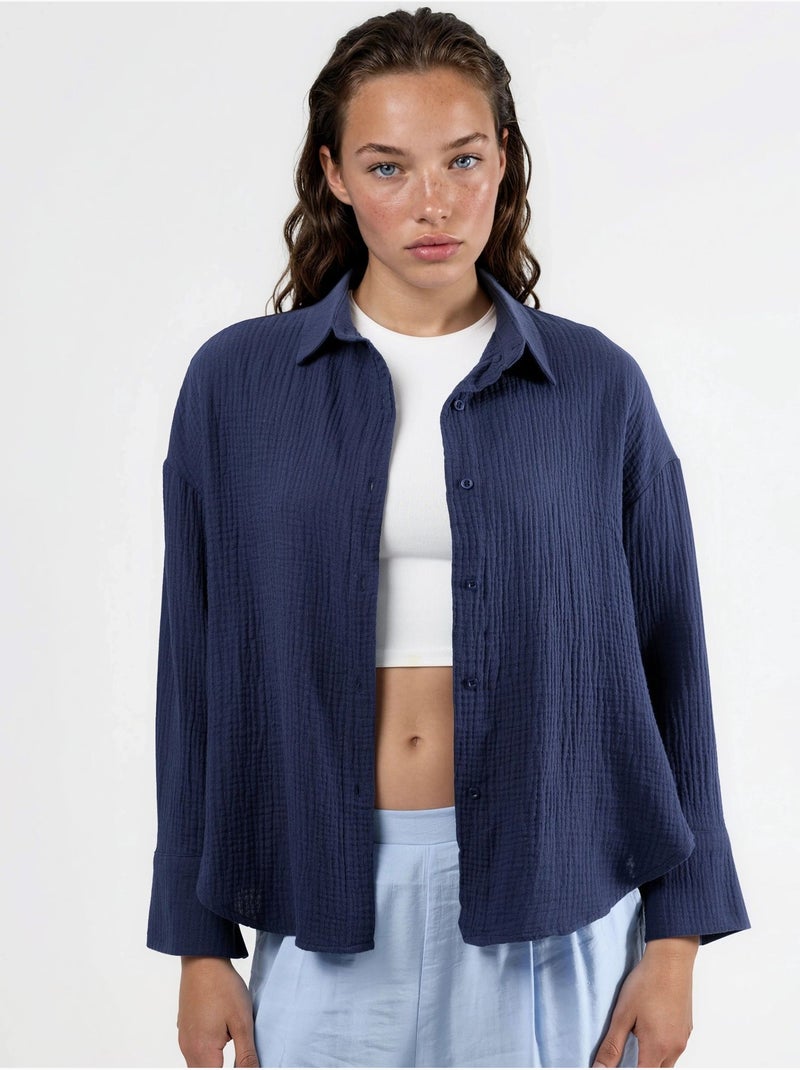 Camicia con bottoni in cotone testurizzato busem Blu marino - Kiabi