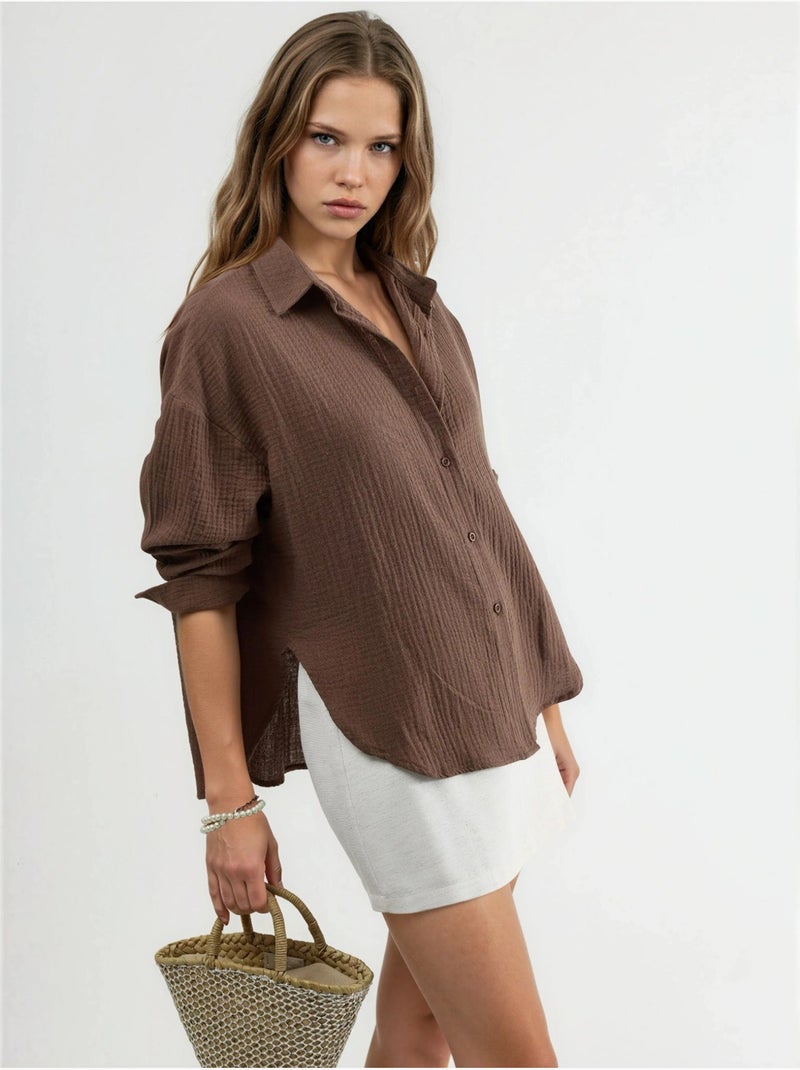Camicia con bottoni in cotone testurizzato busem Marrone - Kiabi