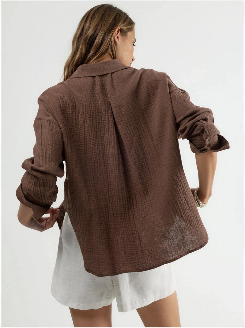 Camicia con bottoni in cotone testurizzato busem Marrone - Kiabi