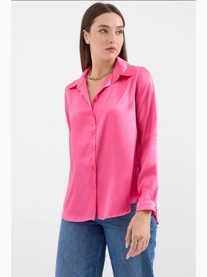 Camicia con bottoni in raso tessuto bdart Rosa fluo/Solinotes - Kiabi