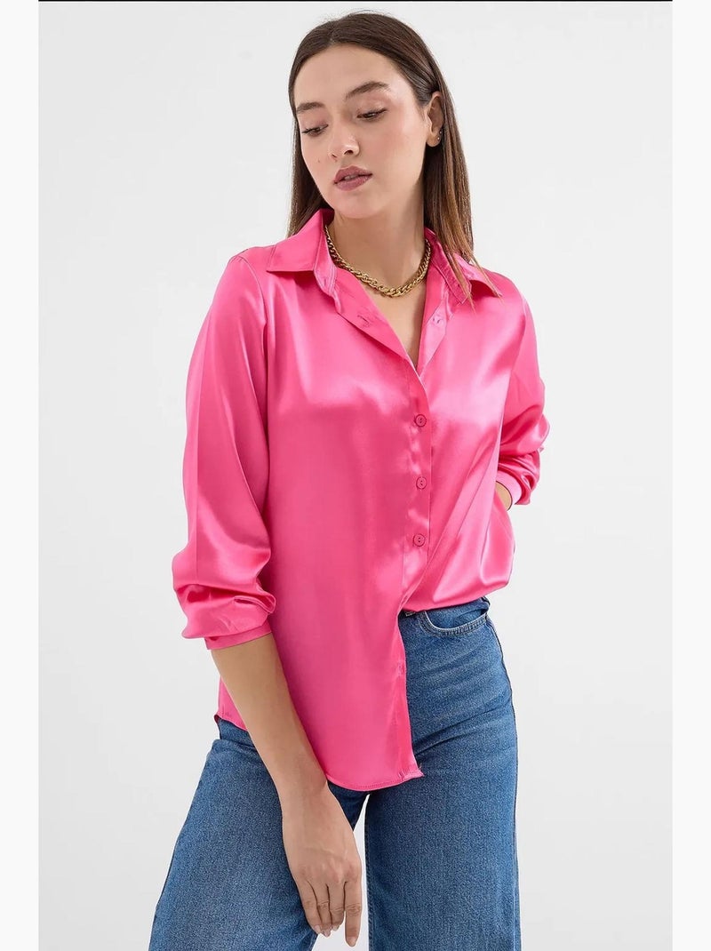 Camicia con bottoni in raso tessuto bdart Rosa fluo/Solinotes - Kiabi