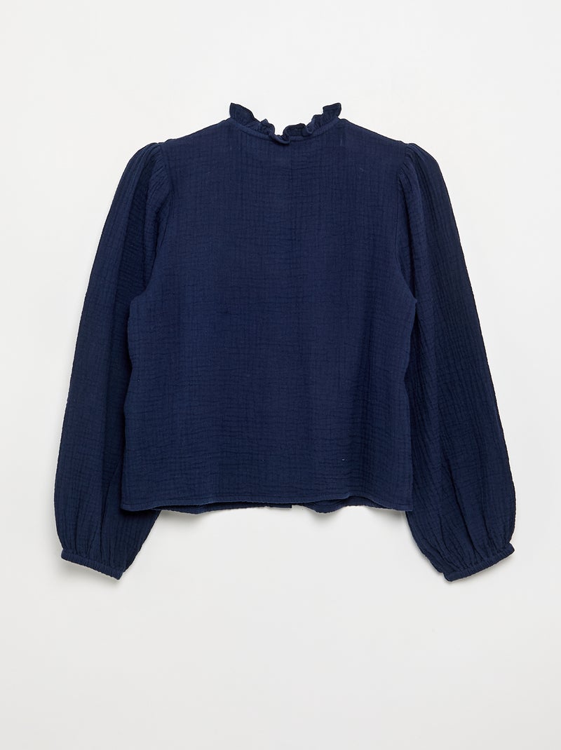 Camicia con collo a volant e ricami Nero - Kiabi
