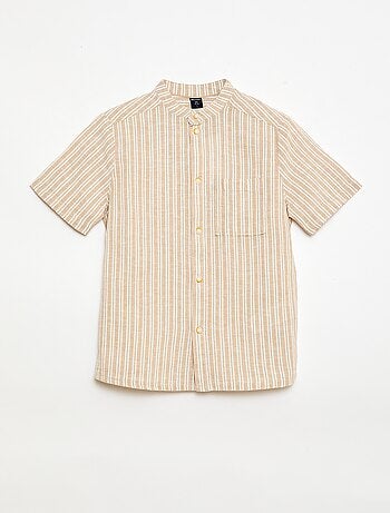 Camicia con collo alla coreana a maniche corte in cotone e lino