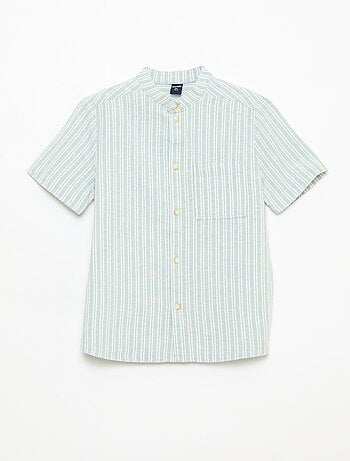 Camicia con collo alla coreana a maniche corte in cotone e lino