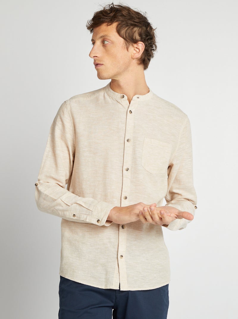 Camicia con collo alla coreana e lino BEIGE - Kiabi