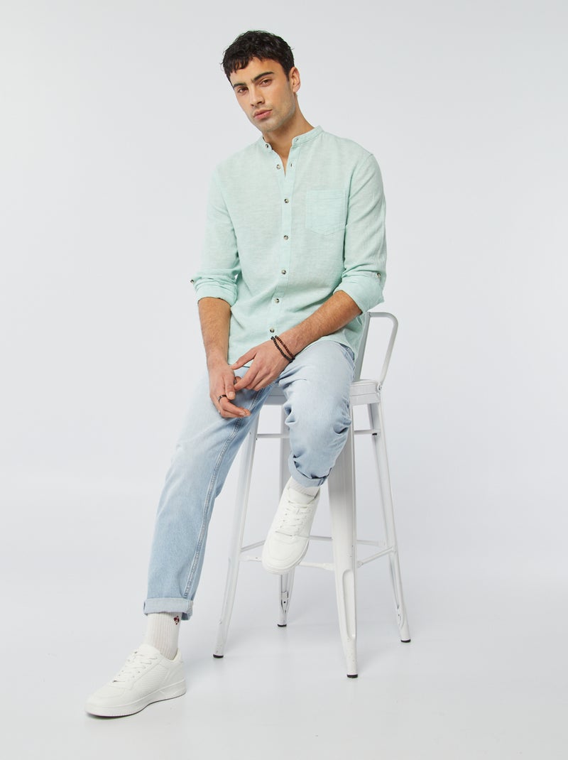 Camicia con collo alla coreana e lino BLU - Kiabi