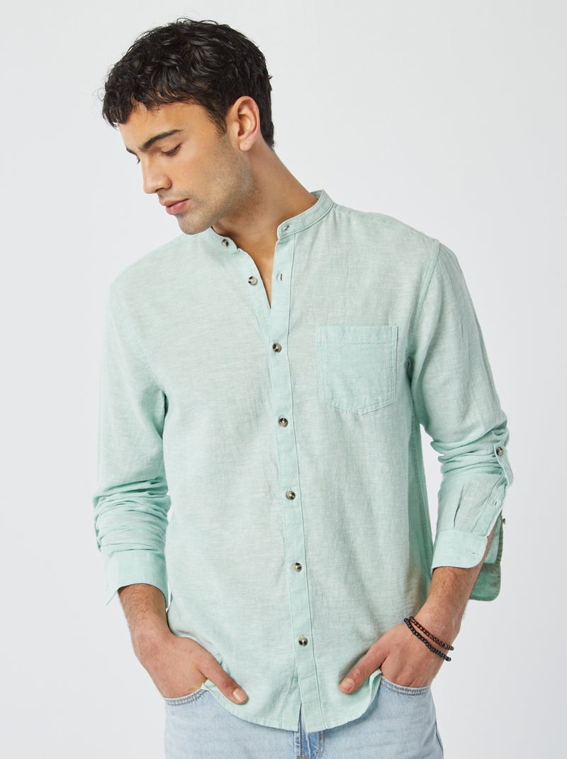 Camicia con collo alla coreana e lino BLU - Kiabi