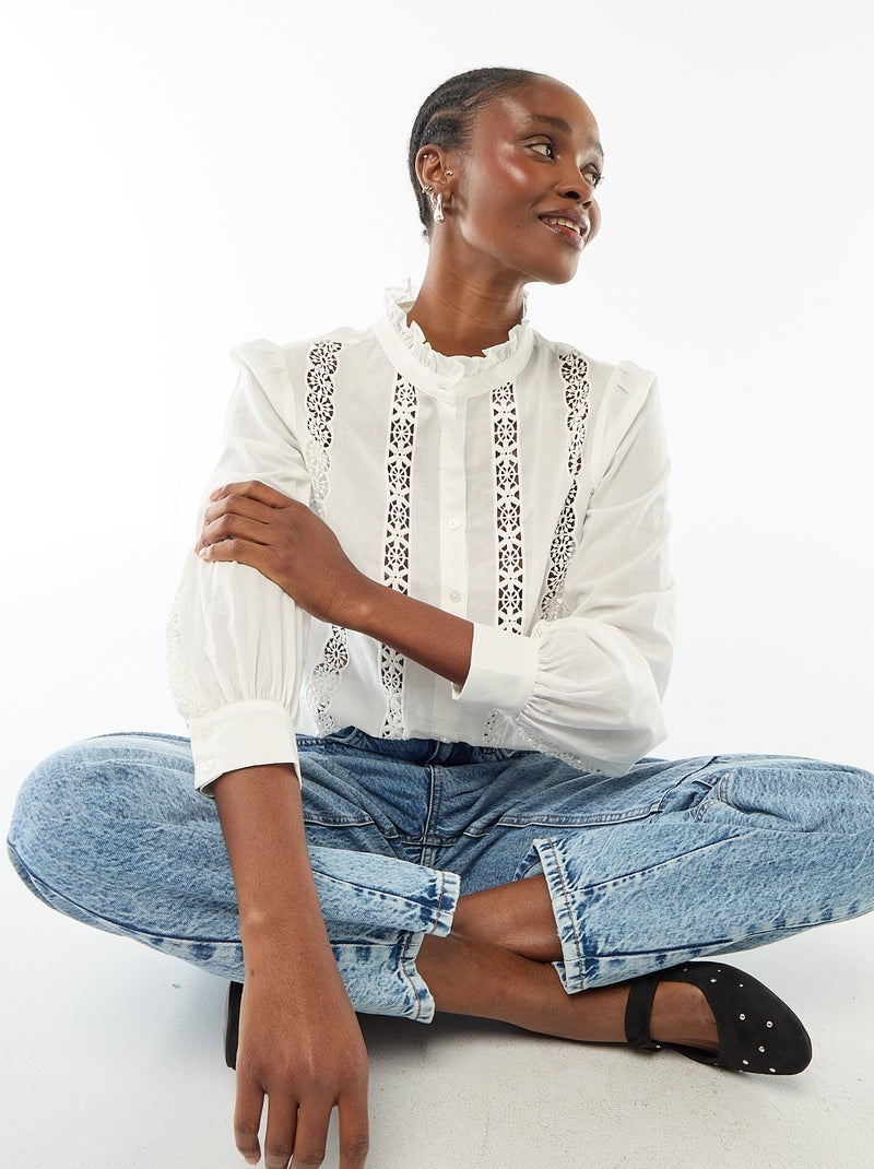 Camicia con ricami inglesi e volant al collo Bianco - Kiabi