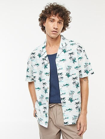 Camicia con stampa a maniche corte in misto lino