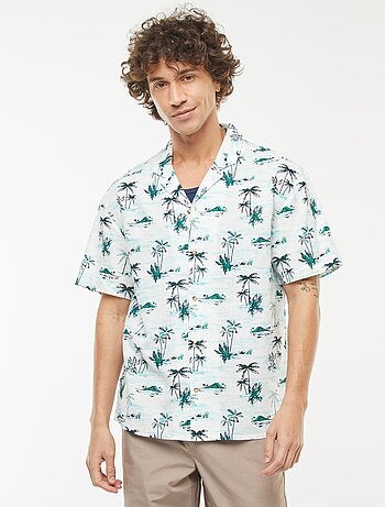 Camicia con stampa a maniche corte in misto lino