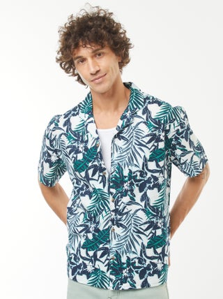 Camicia con stampa a maniche corte in misto lino