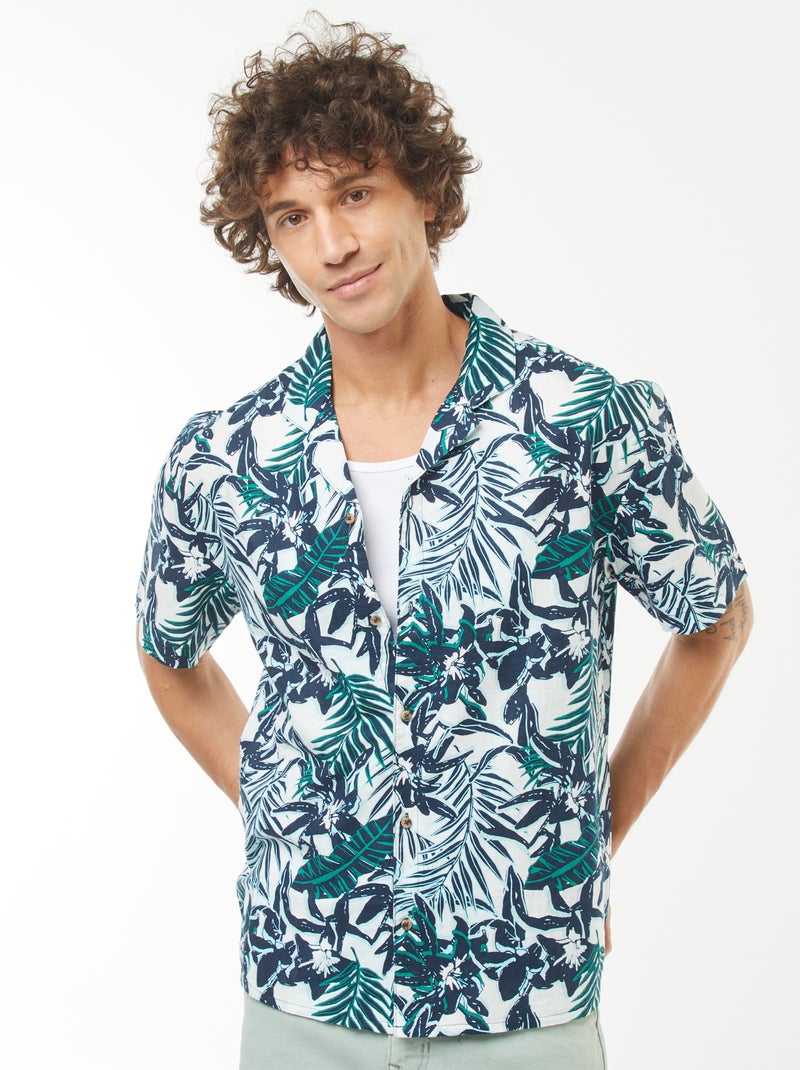Camicia con stampa a maniche corte in misto lino Blu Uomo