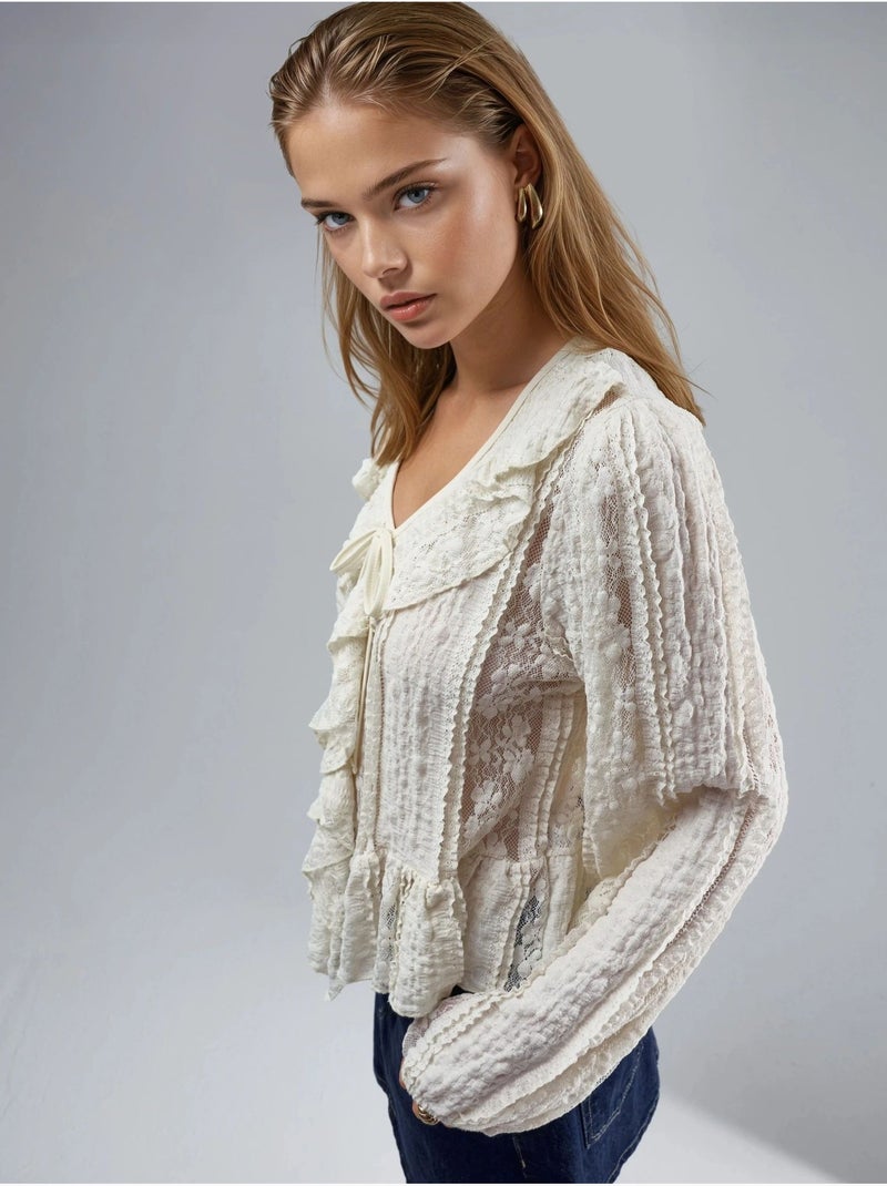 Camicia con volant in pizzo, scollo a v e laccetti busem Beige argilla - Kiabi
