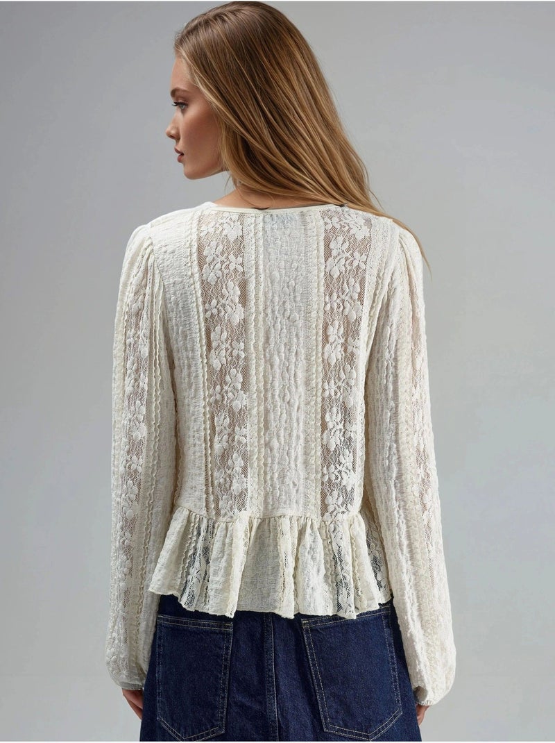 Camicia con volant in pizzo, scollo a v e laccetti busem Beige argilla - Kiabi