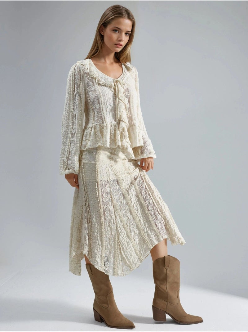 Camicia con volant in pizzo, scollo a v e laccetti busem Beige argilla - Kiabi