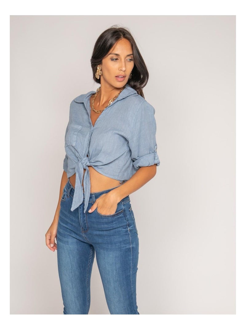 Camicia corta in lino ORTHENSE Blu - Kiabi