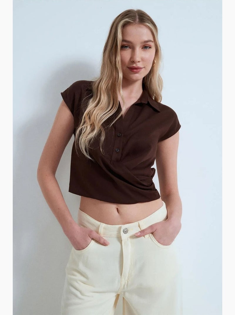 Camicia corta in popeline lyocell dilvin Marrone cioccolato - Kiabi