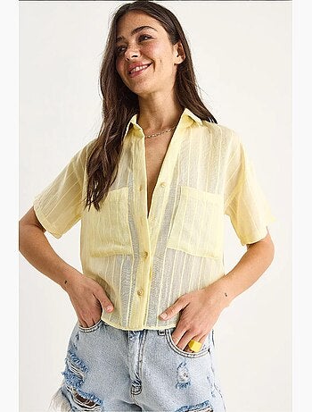 Camicia corta in viscosa a righe con dettaglio doppia tasca lucci
