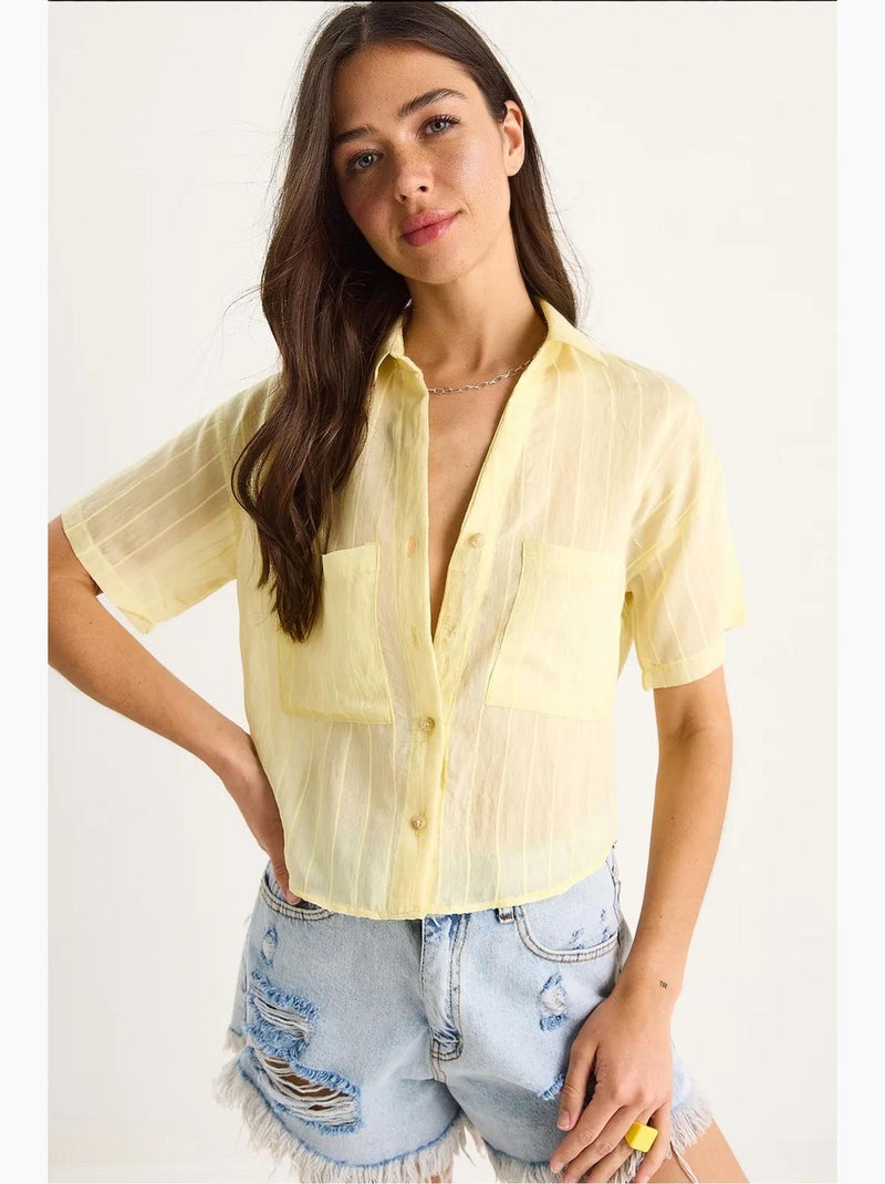 Camicia corta in viscosa a righe con dettaglio doppia tasca lucci Giallo limone - Kiabi